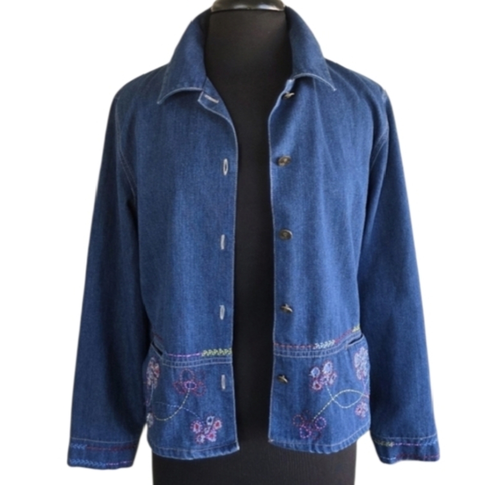 Vintage 90s Medium Embroidered Denim Jacket Hippie Cottagecore Artsy Aesthetic